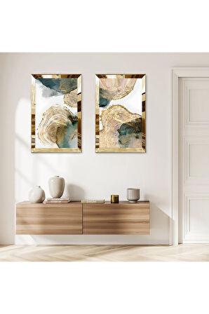 GOLD AYNALI PLEKSİ ÇERÇEVELİ BEYAZ ARKA PLANLI KREM RENGİ DESENLER MODERN İKİLİ MDF TABLO SETİ
