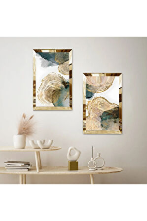 GOLD AYNALI PLEKSİ ÇERÇEVELİ BEYAZ ARKA PLANLI KREM RENGİ DESENLER MODERN İKİLİ MDF TABLO SETİ