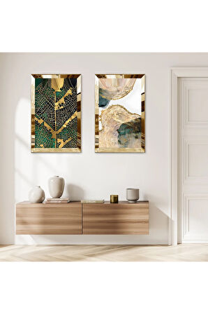 GOLD AYNALI PLEKSİ ÇERÇEVELİ BEYAZ ARKA PLANLI YEŞİL DESENLER MODERN İKİLİ MDF TABLO SETİ