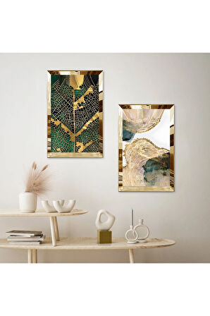 GOLD AYNALI PLEKSİ ÇERÇEVELİ BEYAZ ARKA PLANLI YEŞİL DESENLER MODERN İKİLİ MDF TABLO SETİ