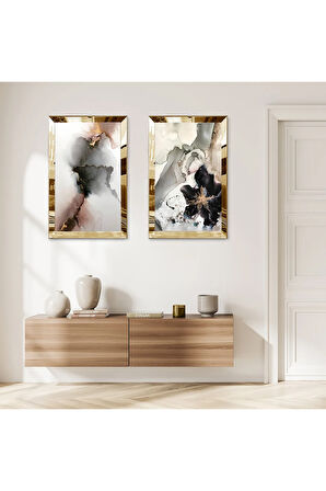 GOLD AYNALI PLEKSİ ÇERÇEVELİ BEYAZ ARKA PLANLI MODERN İKİLİ MDF TABLO SETİ