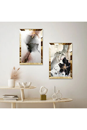 GOLD AYNALI PLEKSİ ÇERÇEVELİ BEYAZ ARKA PLANLI MODERN İKİLİ MDF TABLO SETİ
