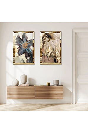 GOLD AYNALI PLEKSİ ÇERÇEVELİ BEYAZ ARKA PLANLI KURUTULMUŞ ÇİÇEK İKİLİ MDF TABLO SETİ