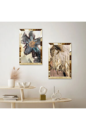 GOLD AYNALI PLEKSİ ÇERÇEVELİ BEYAZ ARKA PLANLI KURUTULMUŞ ÇİÇEK İKİLİ MDF TABLO SETİ