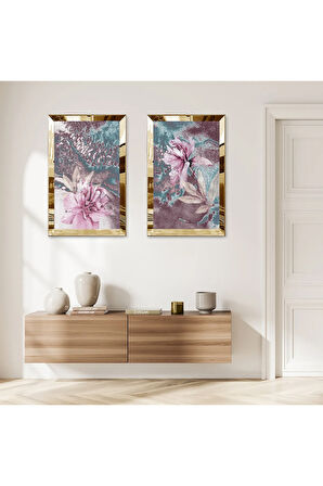 GOLD AYNALI PLEKSİ ÇERÇEVELİ MODERN MOR ÇİÇEK İKİLİ MDF TABLO SETİ