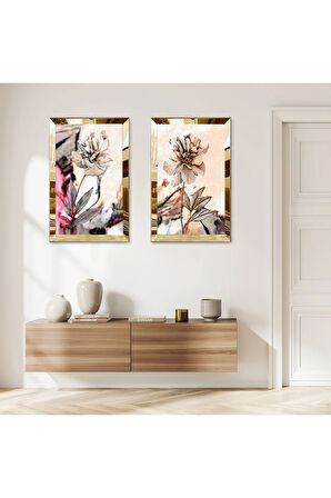GOLD AYNALI PLEKSİ ÇERÇEVELİ SARI VE GRİ TONLARI MODERN ÇİÇEK İKİLİ MDF TABLO SETİ