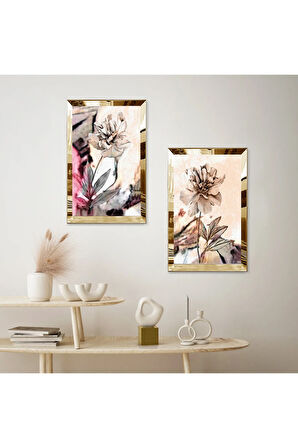 GOLD AYNALI PLEKSİ ÇERÇEVELİ SARI VE GRİ TONLARI MODERN ÇİÇEK İKİLİ MDF TABLO SETİ