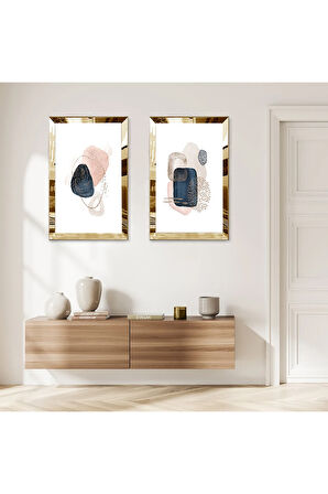GOLD AYNALI PLEKSİ ÇERÇEVELİ BEYAZ ARKA PLANLI MİNİMALİST MODERN ŞEKİLLER İKİLİ MDF TABLO SETİ