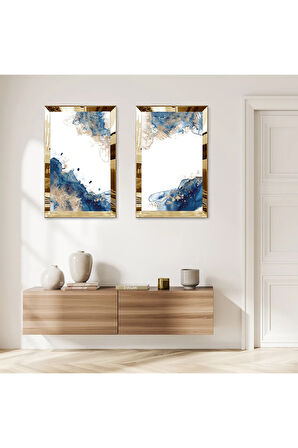 GOLD AYNALI PLEKSİ ÇERÇEVELİ BEYAZ ARKA PLANLI SOYUT MODERN MAVİ ŞEKİLLER İKİLİ MDF TABLO SETİ