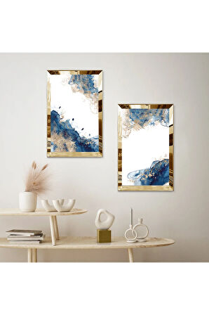 GOLD AYNALI PLEKSİ ÇERÇEVELİ BEYAZ ARKA PLANLI SOYUT MODERN MAVİ ŞEKİLLER İKİLİ MDF TABLO SETİ