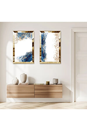 GOLD AYNALI PLEKSİ ÇERÇEVELİ BEYAZ ARKA PLANLI SOYUT MAVİ ŞEKİLLER İKİLİ MDF TABLO SETİ