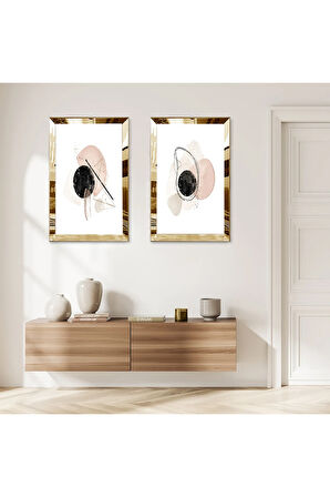 GOLD AYNALI PLEKSİ ÇERÇEVELİ BEYAZ ARKA PLANLI KREM RENGİ MİNİMALİST ŞEKİLLER İKİLİ MDF TABLO SETİ