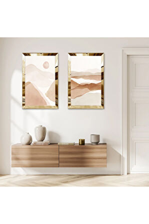 GOLD AYNALI PLEKSİ ÇERÇEVELİ MODERN DAĞ MAZARALI DEKORATİF İKİLİ MDF TABLO SETİ