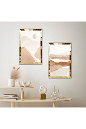 GOLD AYNALI PLEKSİ ÇERÇEVELİ MODERN DAĞ MAZARALI DEKORATİF İKİLİ MDF TABLO SETİ