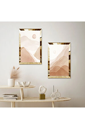 GOLD AYNALI PLEKSİ ÇERÇEVELİ MODERN DAĞ MAZARALI MODERN İKİLİ MDF TABLO SETİ