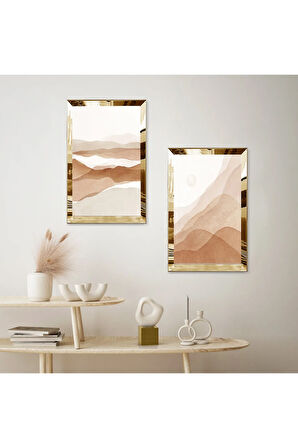 GOLD AYNALI PLEKSİ ÇERÇEVELİ MODERN DAĞ MAZARALI İKİLİ MDF TABLO SETİ