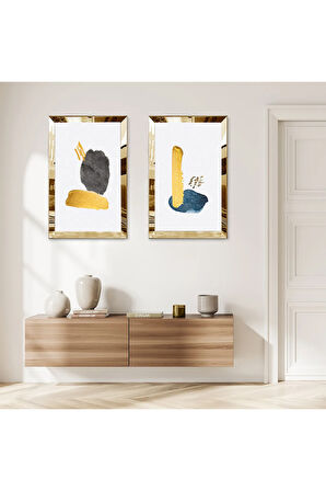 GOLD AYNALI PLEKSİ ÇERÇEVELİ BEYAZ ARKA PLANLI SOYUT ŞEKİLLER MODERN İKİLİ MDF TABLO SETİ