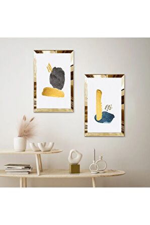 GOLD AYNALI PLEKSİ ÇERÇEVELİ BEYAZ ARKA PLANLI SOYUT ŞEKİLLER MODERN İKİLİ MDF TABLO SETİ