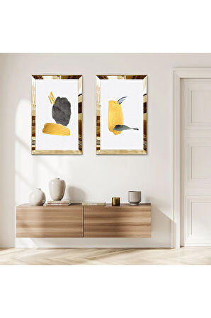 GOLD AYNALI PLEKSİ ÇERÇEVELİ BEYAZ ARKA PLANLI SOYUT ŞEKİLLER DEKORATİF İKİLİ MDF TABLO SETİ