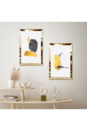 GOLD AYNALI PLEKSİ ÇERÇEVELİ BEYAZ ARKA PLANLI SOYUT ŞEKİLLER DEKORATİF İKİLİ MDF TABLO SETİ