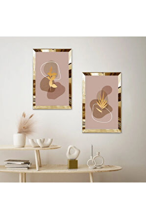 GOLD AYNALI PLEKSİ ÇERÇEVELİ DEKORATİF SOYUT ÇİÇEKLER İKİLİ MDF TABLO SETİ