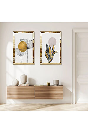 GOLD AYNALI PLEKSİ ÇERÇEVELİ BEYAZ ARKA PLANLI M BİTKİ MODERN İKİLİ MDF TABLO SETİ