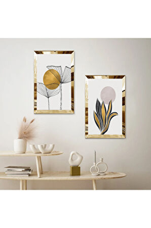 GOLD AYNALI PLEKSİ ÇERÇEVELİ BEYAZ ARKA PLANLI M BİTKİ MODERN İKİLİ MDF TABLO SETİ