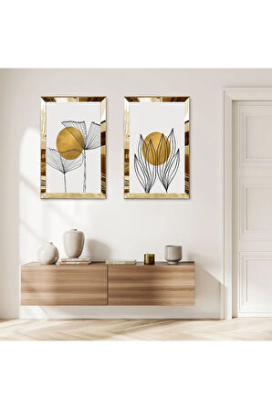 GOLD AYNALI PLEKSİ ÇERÇEVELİ BEYAZ ARKA PLANLI DEKORATİF BİTKİ İKİLİ MDF TABLO SETİ