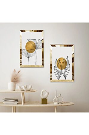 GOLD AYNALI PLEKSİ ÇERÇEVELİ BEYAZ ARKA PLANLI DEKORATİF BİTKİ İKİLİ MDF TABLO SETİ