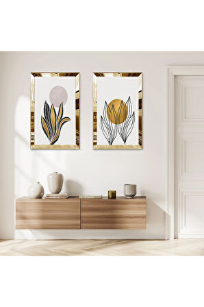 GOLD AYNALI PLEKSİ ÇERÇEVELİ BEYAZ ARKA PLANLI BİTKİ İKİLİ MDF TABLO SETİ
