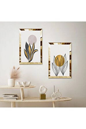 GOLD AYNALI PLEKSİ ÇERÇEVELİ BEYAZ ARKA PLANLI BİTKİ İKİLİ MDF TABLO SETİ