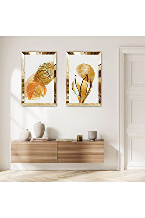 GOLD AYNALI PLEKSİ ÇERÇEVELİ BEYAZ PLANLI SOYUT DEKORATİF ÇİÇEK İKİLİ MDF TABLO SETİ