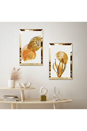 GOLD AYNALI PLEKSİ ÇERÇEVELİ BEYAZ PLANLI SOYUT DEKORATİF ÇİÇEK İKİLİ MDF TABLO SETİ