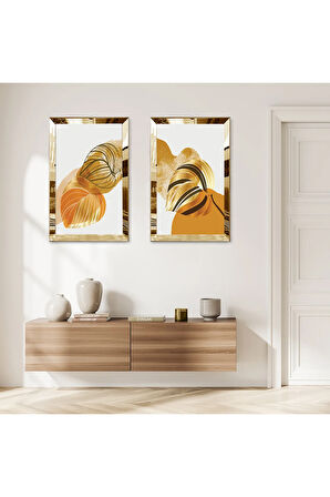 GOLD AYNALI PLEKSİ ÇERÇEVELİ BEYAZ PLANLI MODERN ÇİÇEK İKİLİ MDF TABLO SETİ