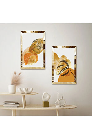 GOLD AYNALI PLEKSİ ÇERÇEVELİ BEYAZ PLANLI MODERN ÇİÇEK İKİLİ MDF TABLO SETİ