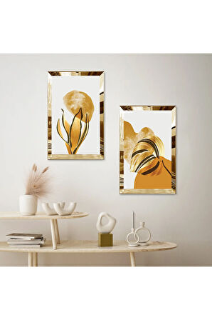 GOLD AYNALI PLEKSİ ÇERÇEVELİ BEYAZ PLANLI MODERN SOYUT ÇİÇEK İKİLİ MDF TABLO SETİ