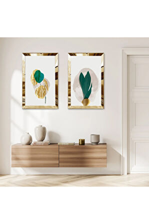 GOLD AYNALI PLEKSİ ÇERÇEVELİ BEYAZ ARKA PLANLI YEŞİL MODERN BİTKİ İKİLİ MDF TABLO SETİ