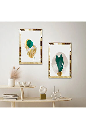 GOLD AYNALI PLEKSİ ÇERÇEVELİ BEYAZ ARKA PLANLI YEŞİL MODERN BİTKİ İKİLİ MDF TABLO SETİ