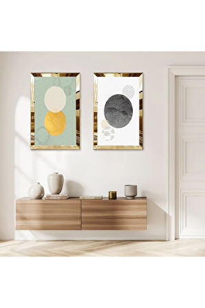 GOLD AYNALI PLEKSİ ÇERÇEVELİ MİNİMALİST MODERN ŞEKİLLER İKİLİ MDF TABLO SETİ