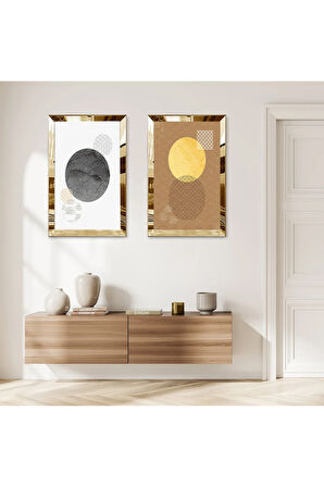 GOLD AYNALI PLEKSİ ÇERÇEVELİ MODERN MİNİMALİST SOYUT ŞEKİLLER İKİLİ MDF TABLO SETİ