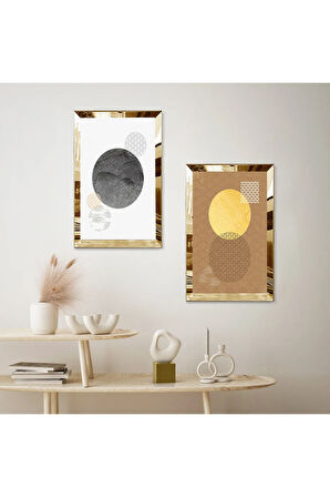 GOLD AYNALI PLEKSİ ÇERÇEVELİ MODERN MİNİMALİST SOYUT ŞEKİLLER İKİLİ MDF TABLO SETİ
