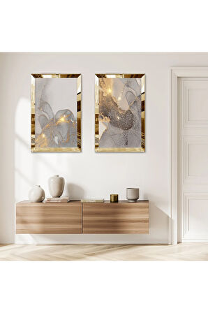 GOLD AYNALI PLEKSİ ÇERÇEVELİ GRİ ARKA PLANLI MODERN İKİLİ MDF TABLO SETİ