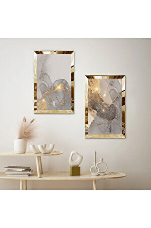 GOLD AYNALI PLEKSİ ÇERÇEVELİ GRİ ARKA PLANLI MODERN İKİLİ MDF TABLO SETİ
