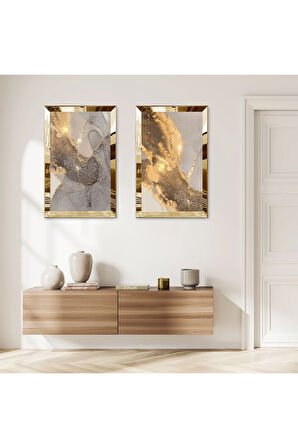 GOLD AYNALI PLEKSİ ÇERÇEVELİ GRİ ARKA PLANLI İKİLİ MDF TABLO SETİ