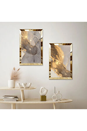 GOLD AYNALI PLEKSİ ÇERÇEVELİ GRİ ARKA PLANLI İKİLİ MDF TABLO SETİ