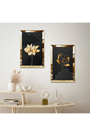 GOLD AYNALI PLEKSİ ÇERÇEVELİ SİYAH ARKA PLANLI GOLD ÇİÇEK MODERN İKİLİ MDF TABLO SETİ