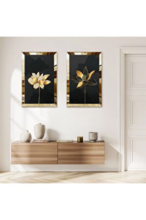GOLD AYNALI PLEKSİ ÇERÇEVELİ SİYAH ARKA PLANLI GOLD ÇİÇEK DEKORATİF İKİLİ MDF TABLO SETİ