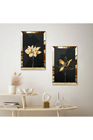 GOLD AYNALI PLEKSİ ÇERÇEVELİ SİYAH ARKA PLANLI GOLD ÇİÇEK DEKORATİF İKİLİ MDF TABLO SETİ