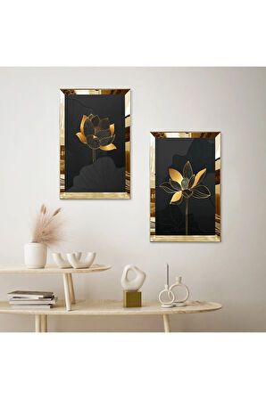 GOLD AYNALI PLEKSİ ÇERÇEVELİ MODERN SİYAH ARKA PLANLI GOLD ÇİÇEK İKİLİ MDF TABLO SETİ