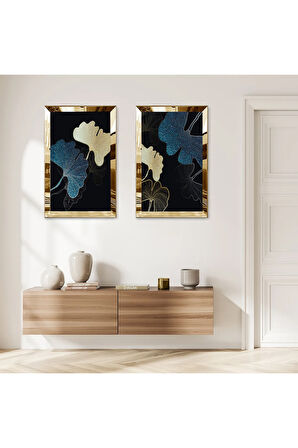 GOLD AYNALI PLEKSİ ÇERÇEVELİ SİYAH ARKA PLANLI DEKORATİF ÇİÇEK İKİLİ MDF TABLO SETİ